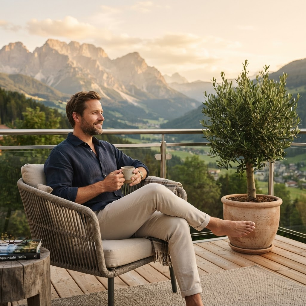 A property owner relaxing on a balcony with a coffee, enjoying a view